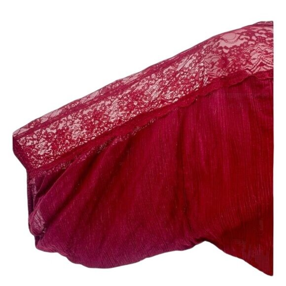 RARE Vintage Free People Burgundy Red Lace Trim Cinched Waist Boho Crepe Top - Picture 6 of 16